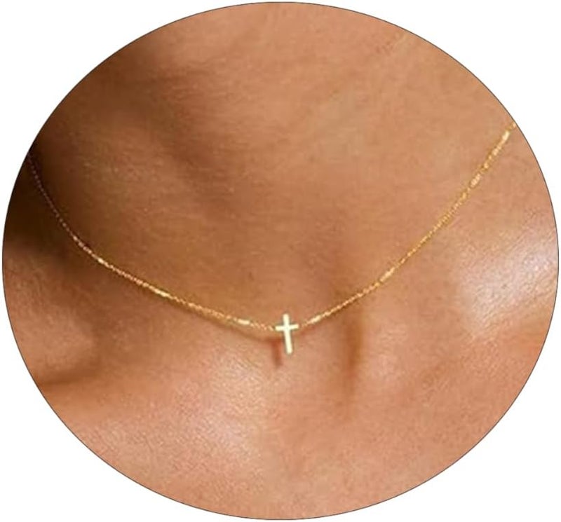 VIROMY Gold Cross Necklace for Women 14K Gold Plated Cute Sidways Cross Pendant Choker Necklaces Simple Trendy Everyday Jewelry for Women - Image 1